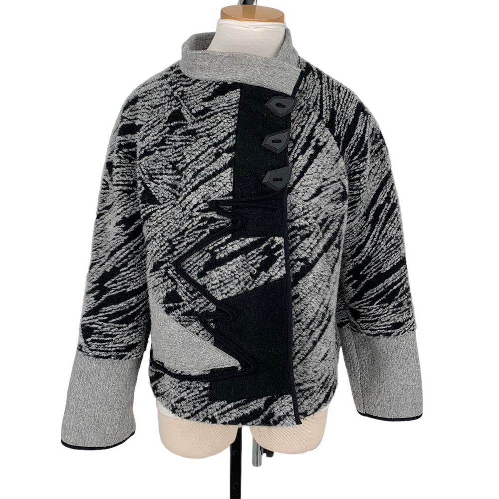 Jaskar Fleece Jacket Womens L Gray Black Excellent Lagenlook Asymmetric Abstract
